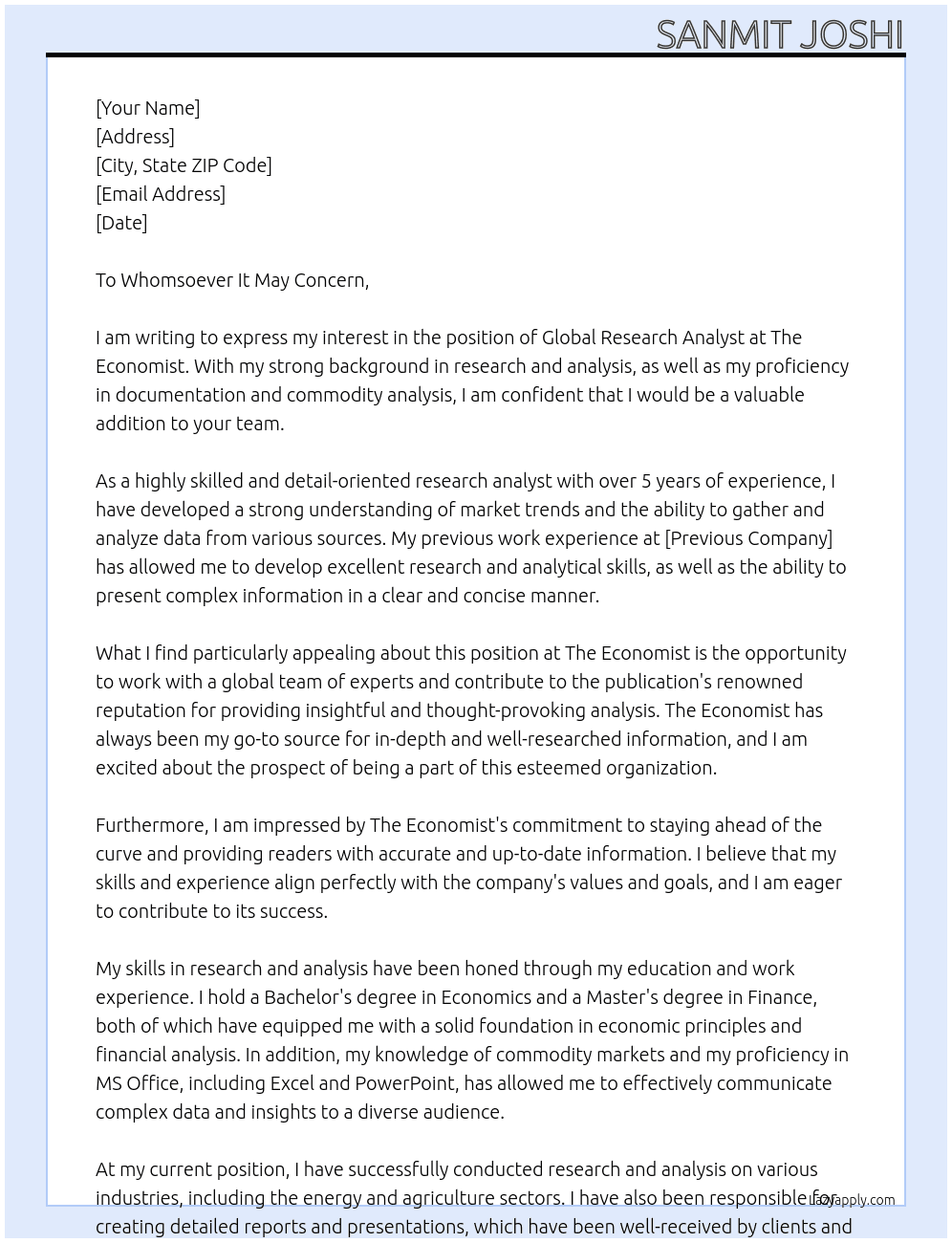 Global Research Analyst  At The Economist Cover Letter