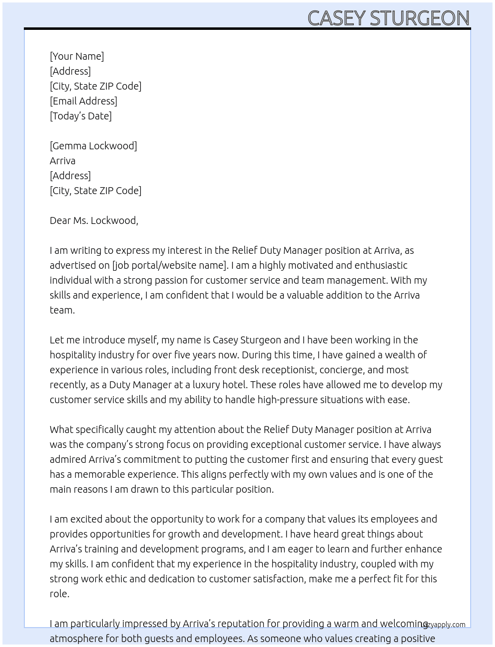 Relief Duty Manager At Arriva Cover Letter