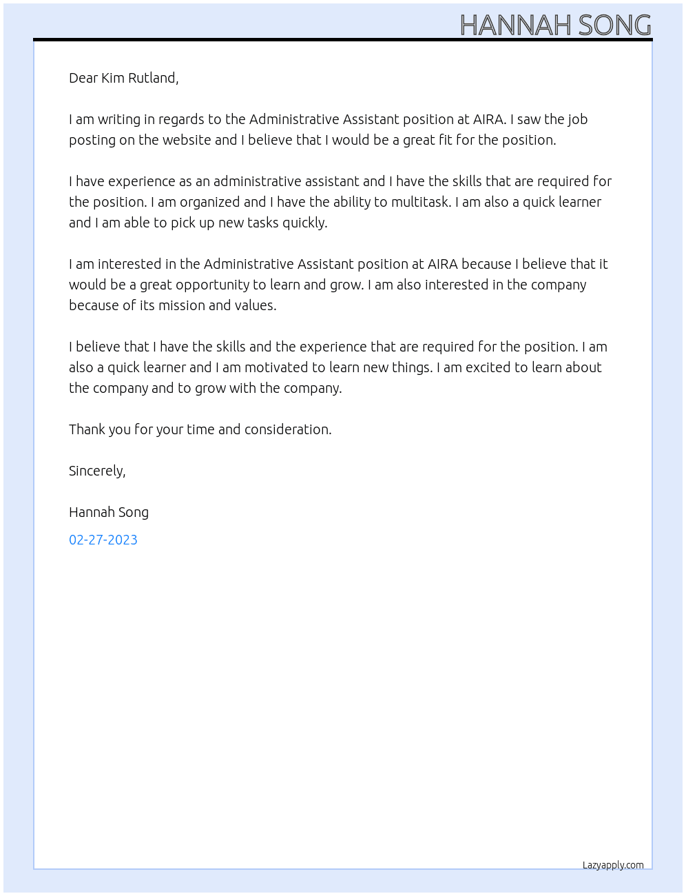 Administrative Assistant At AIRA Cover Letter