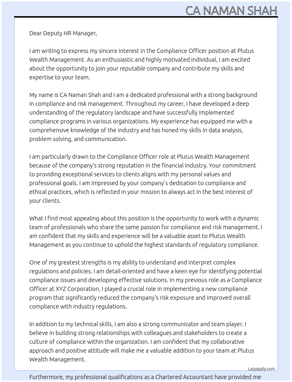 Compliance Officer At Plutus Wealth Management Cover Letter
