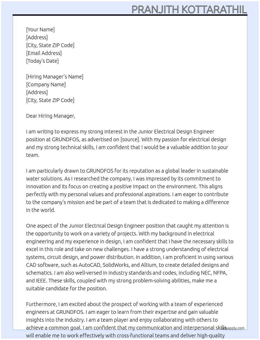 Junior Electrical Design Engineer At GRUNDFOS Cover Letter