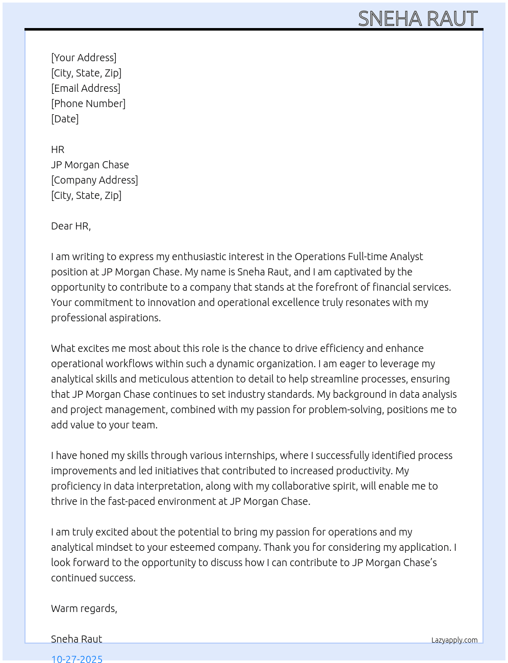 Cover letter for operations full-time analyst - LazyApply