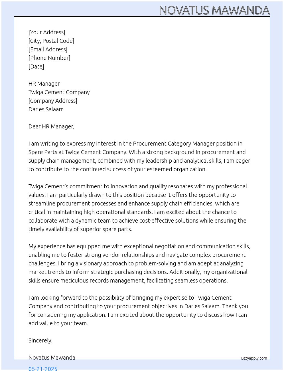 PROCUREMENT CATEGORY MANAGER IN SPARE PARTS At TWIGA CEMENT COMPANY Cover Letter