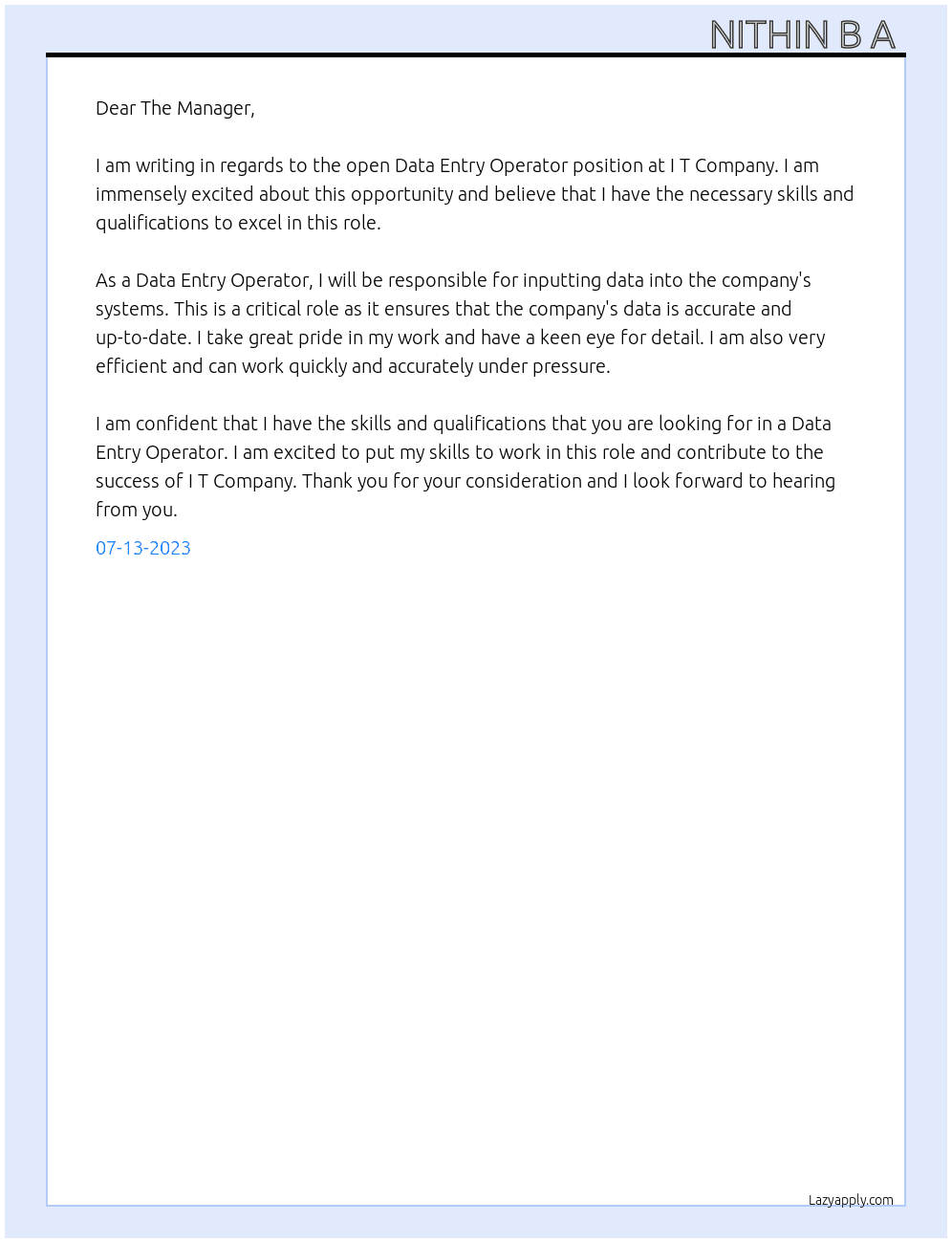 Data Entry Operator  At I T Company  Cover Letter