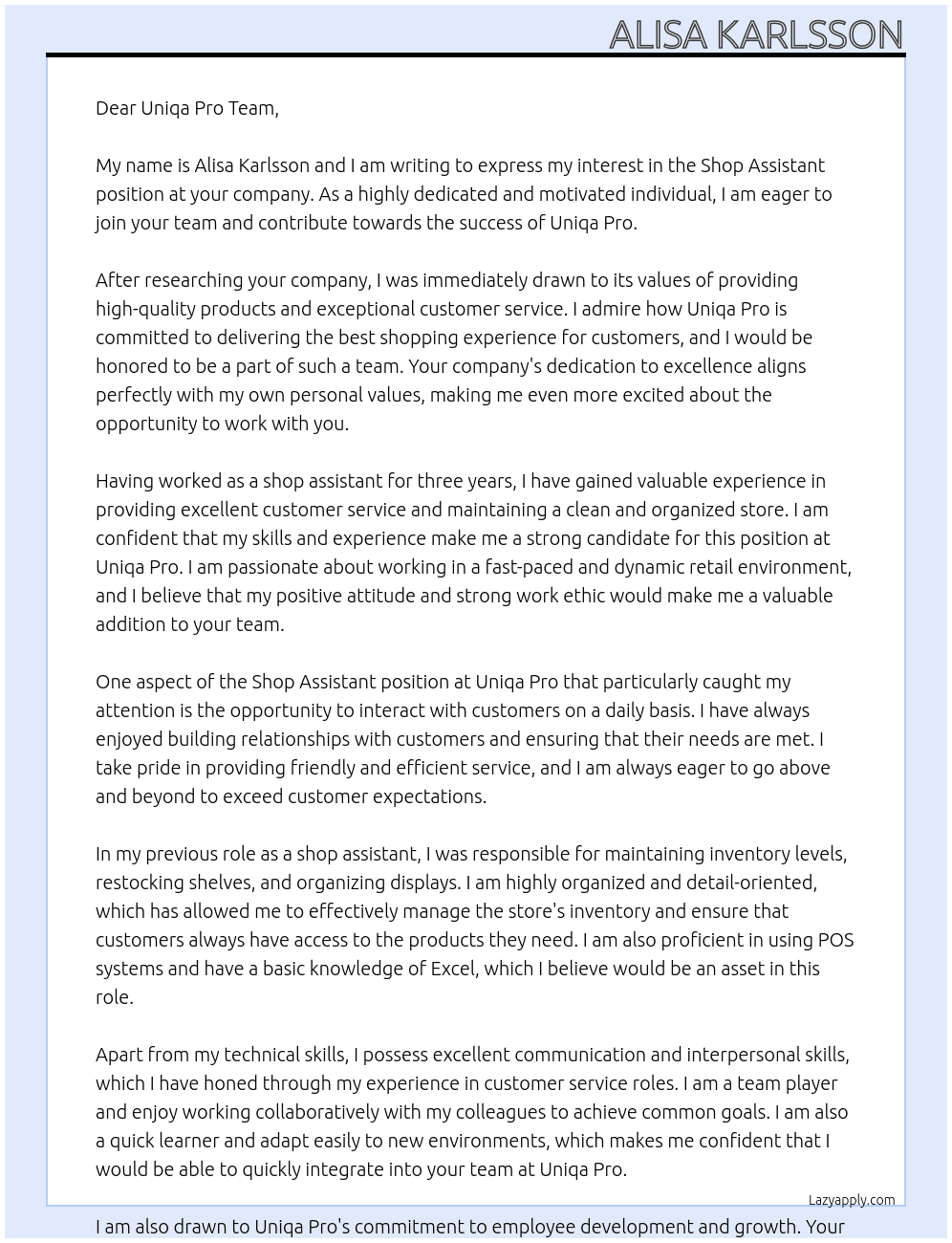 Shop assistant At uniqa pro Cover Letter