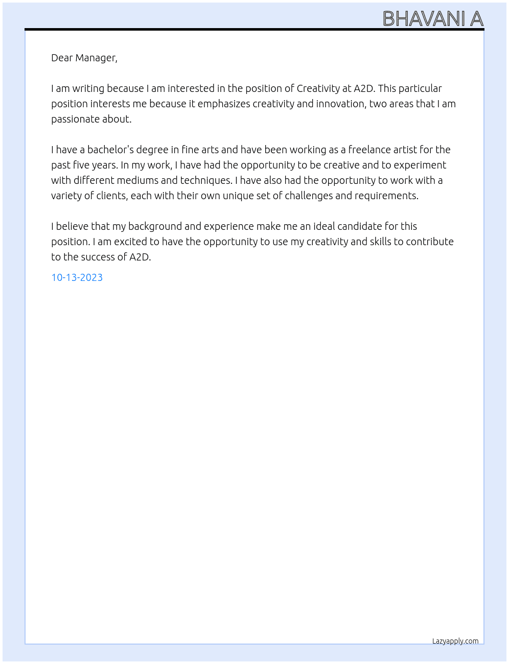 Creativity  At A2D  Cover Letter