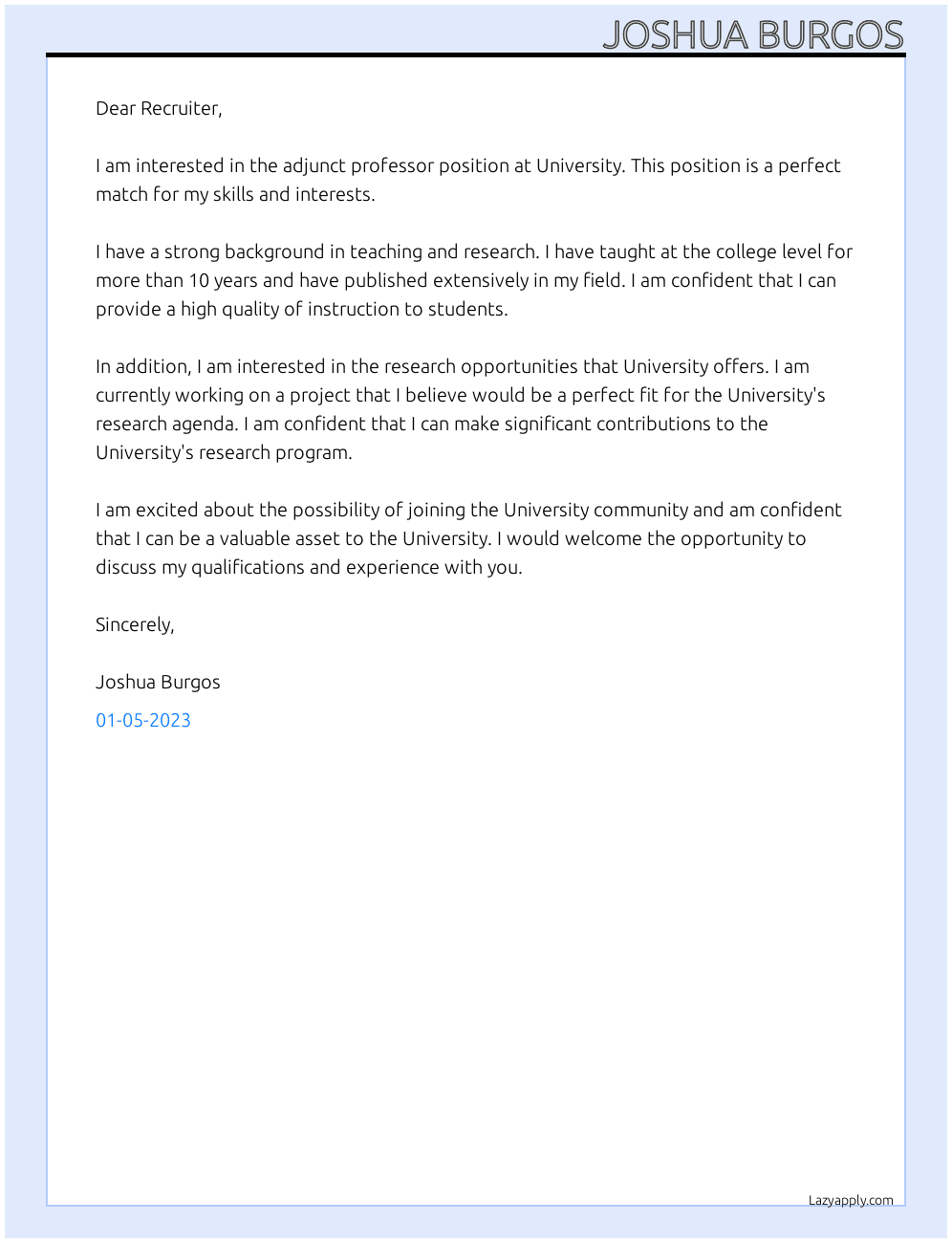 Adjunct Professor At University Cover Letter