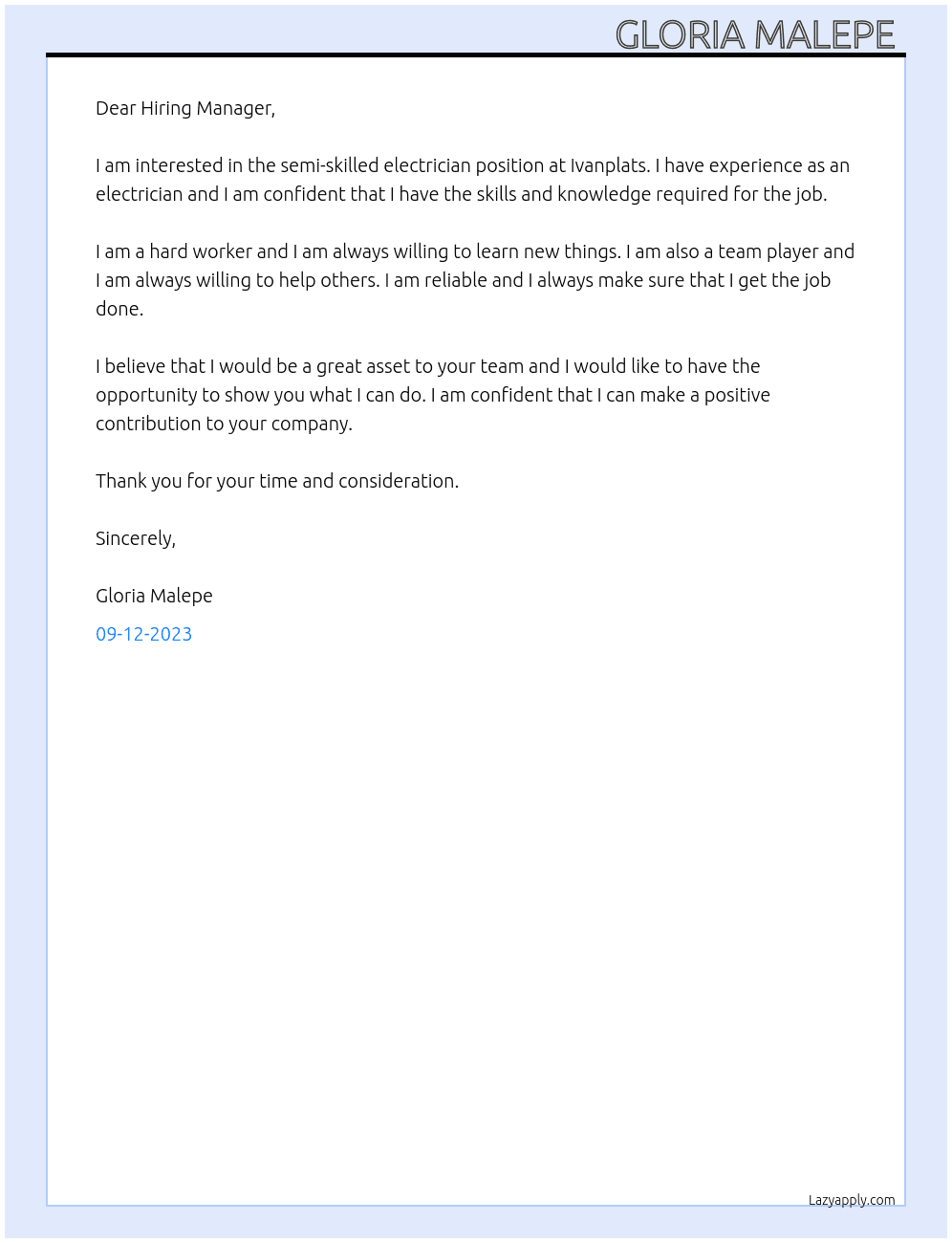 Semi skilled Electrician  At Ivanplats Cover Letter