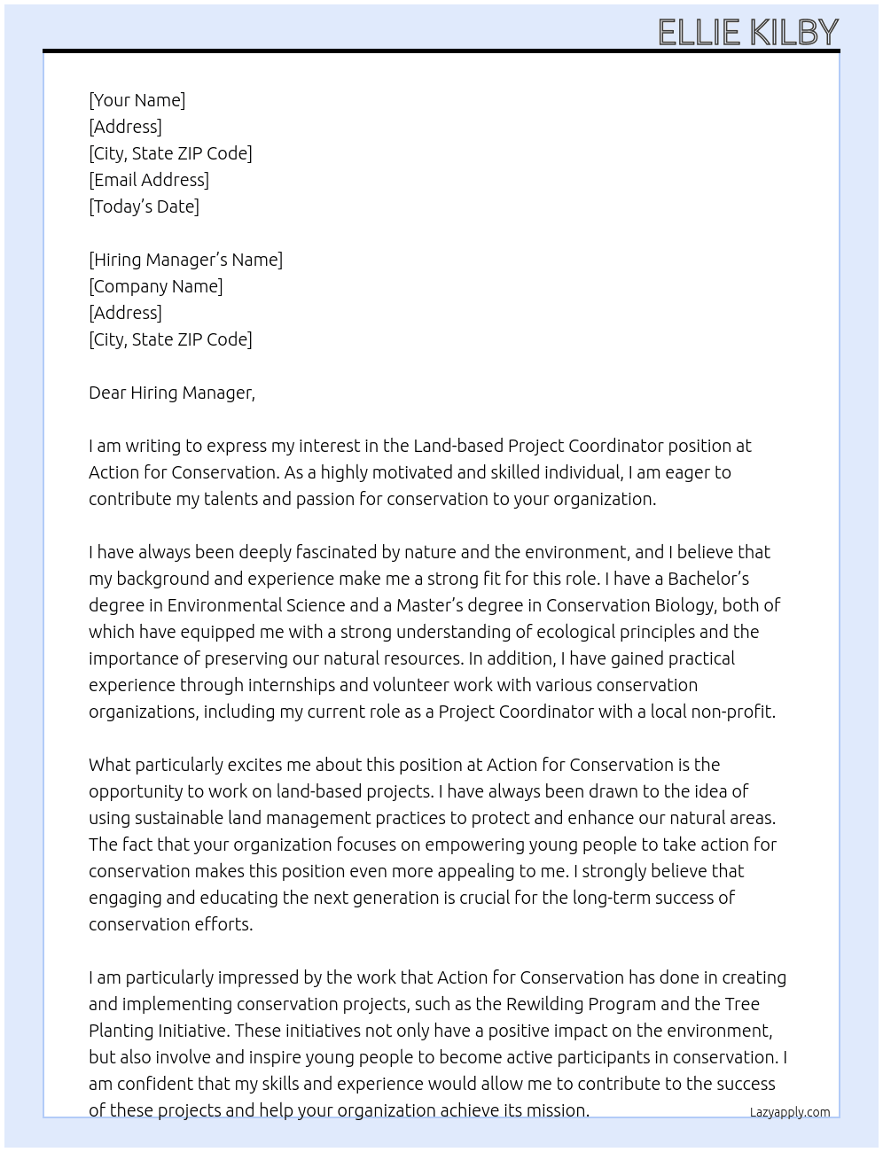 Land-based Project Coordinator At Action for Conservation Cover Letter