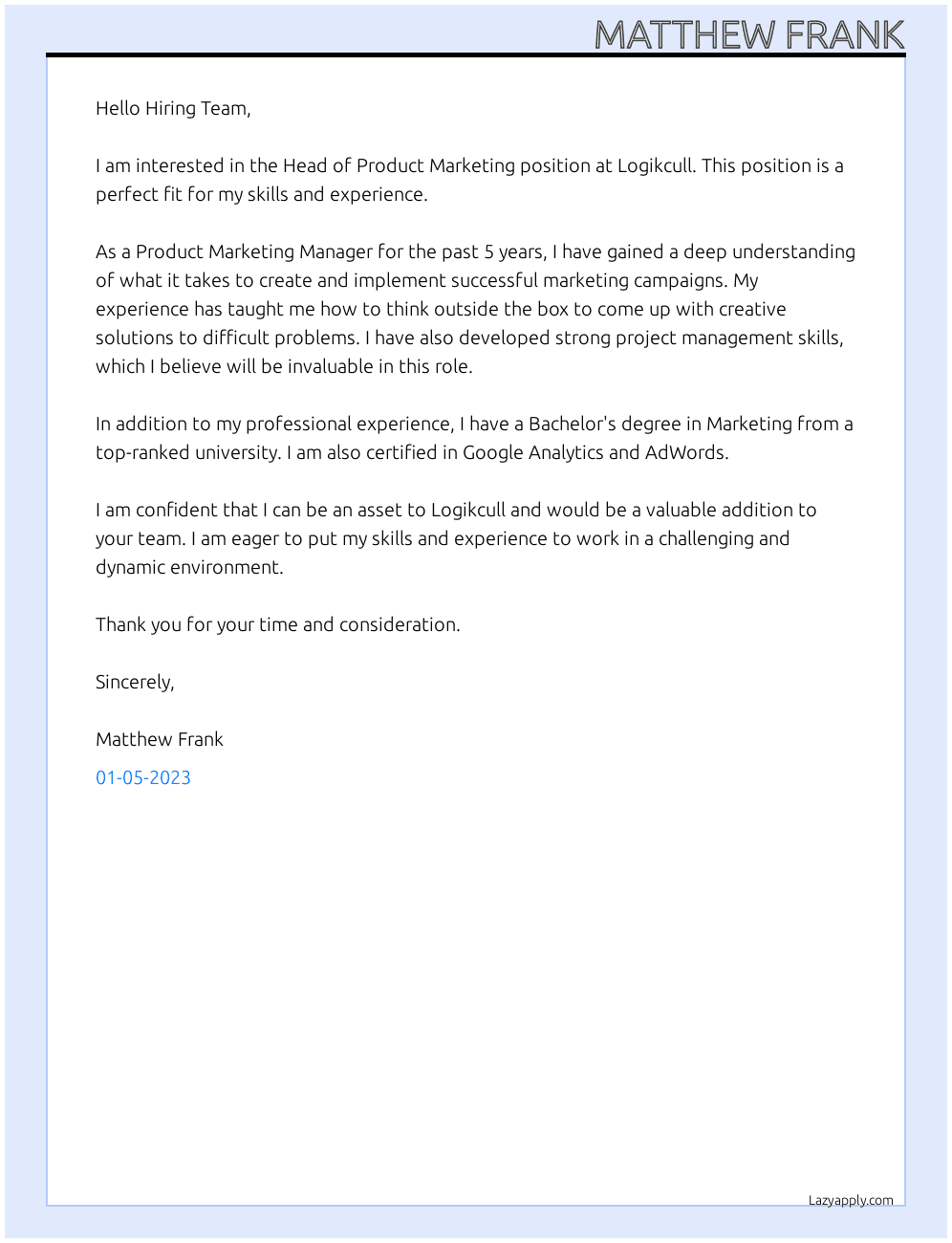 Head of Product Marketing At Logikcull Cover Letter