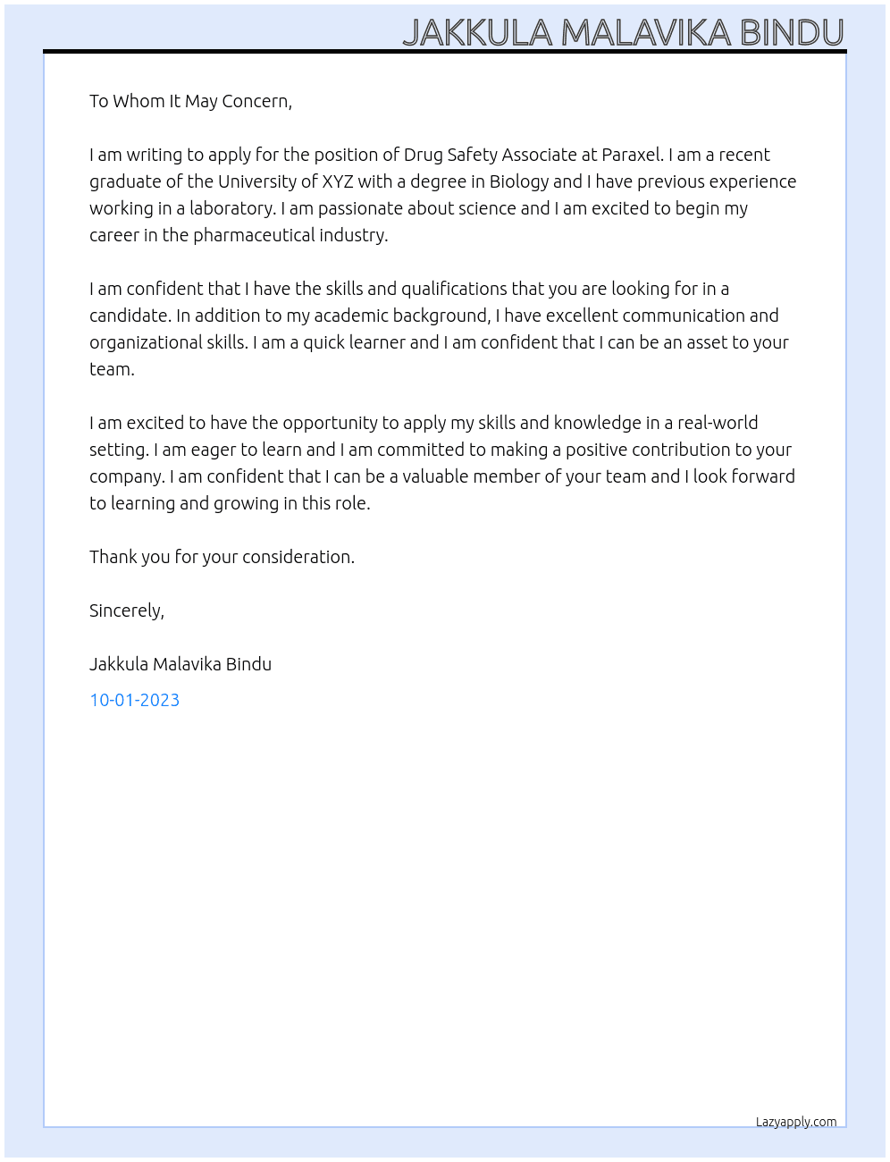 Drug Safety Associate  At Paraxel Cover Letter