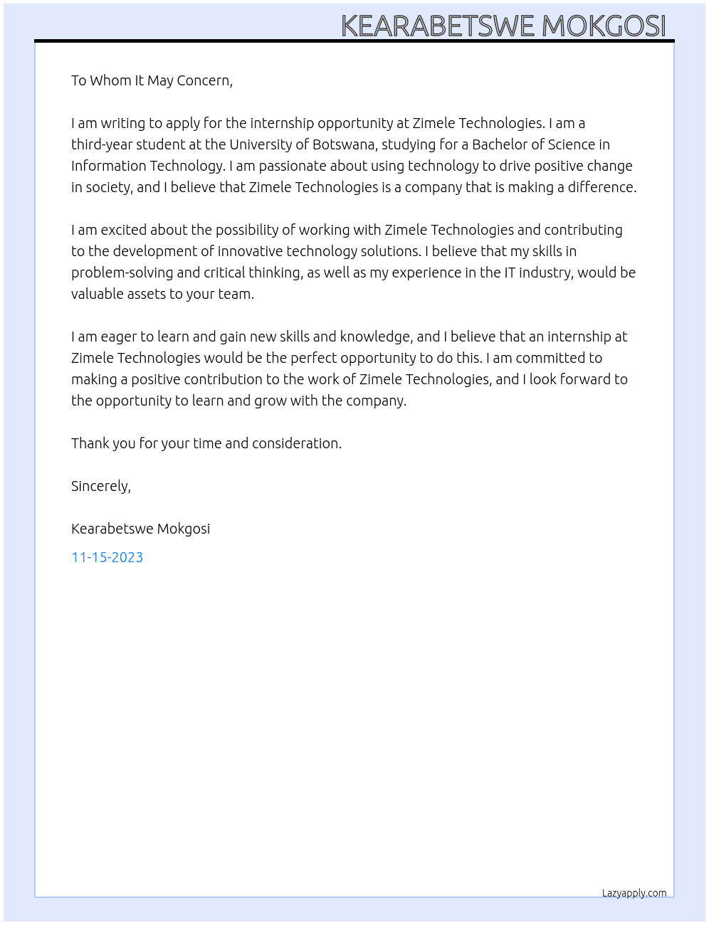 Internship Opportunity  At Department of Cooporative Governance and Zimele Technologies  Cover Letter