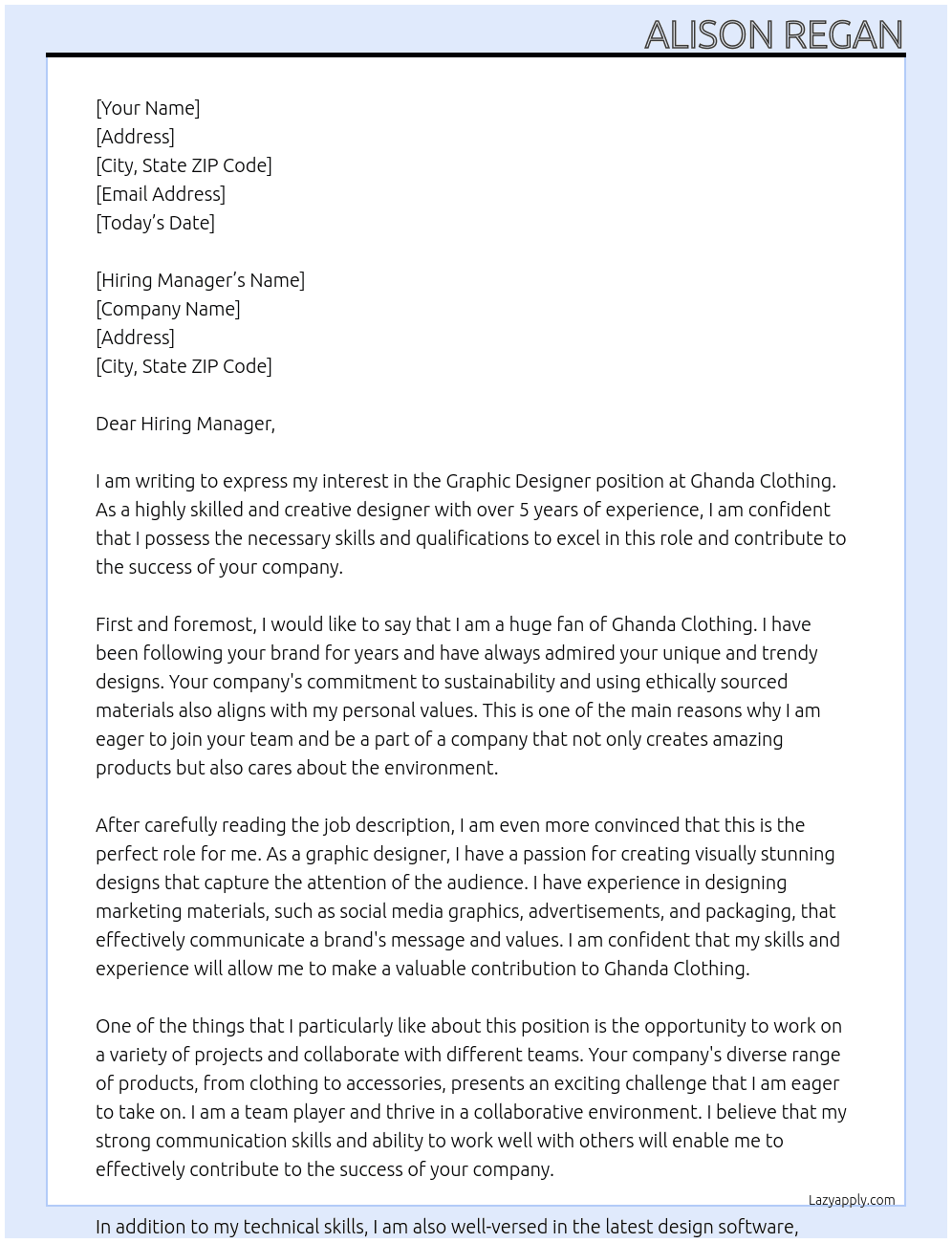 Graphic Designer At Ghanda Clothing Cover Letter
