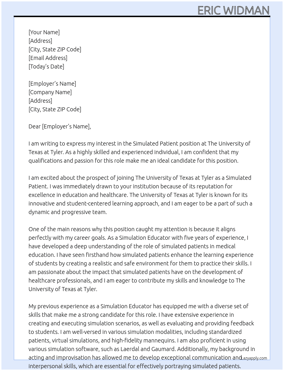 Simulated patient  At The University of Texas at Tyler Cover Letter