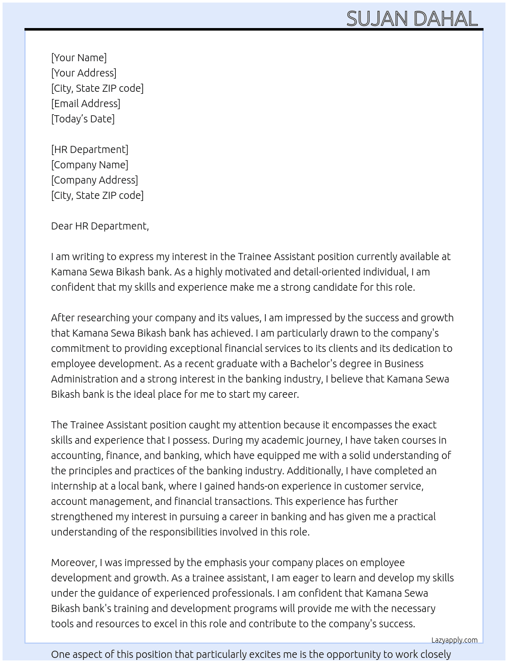 Trainee assistant At Kamana Sewa Bikash bank  Cover Letter