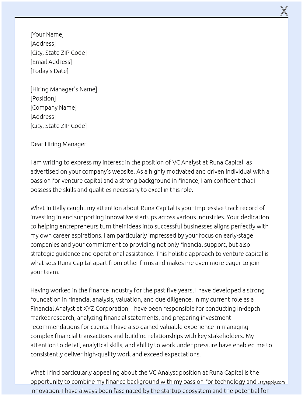 VC Analyst At Runa Capital Cover Letter