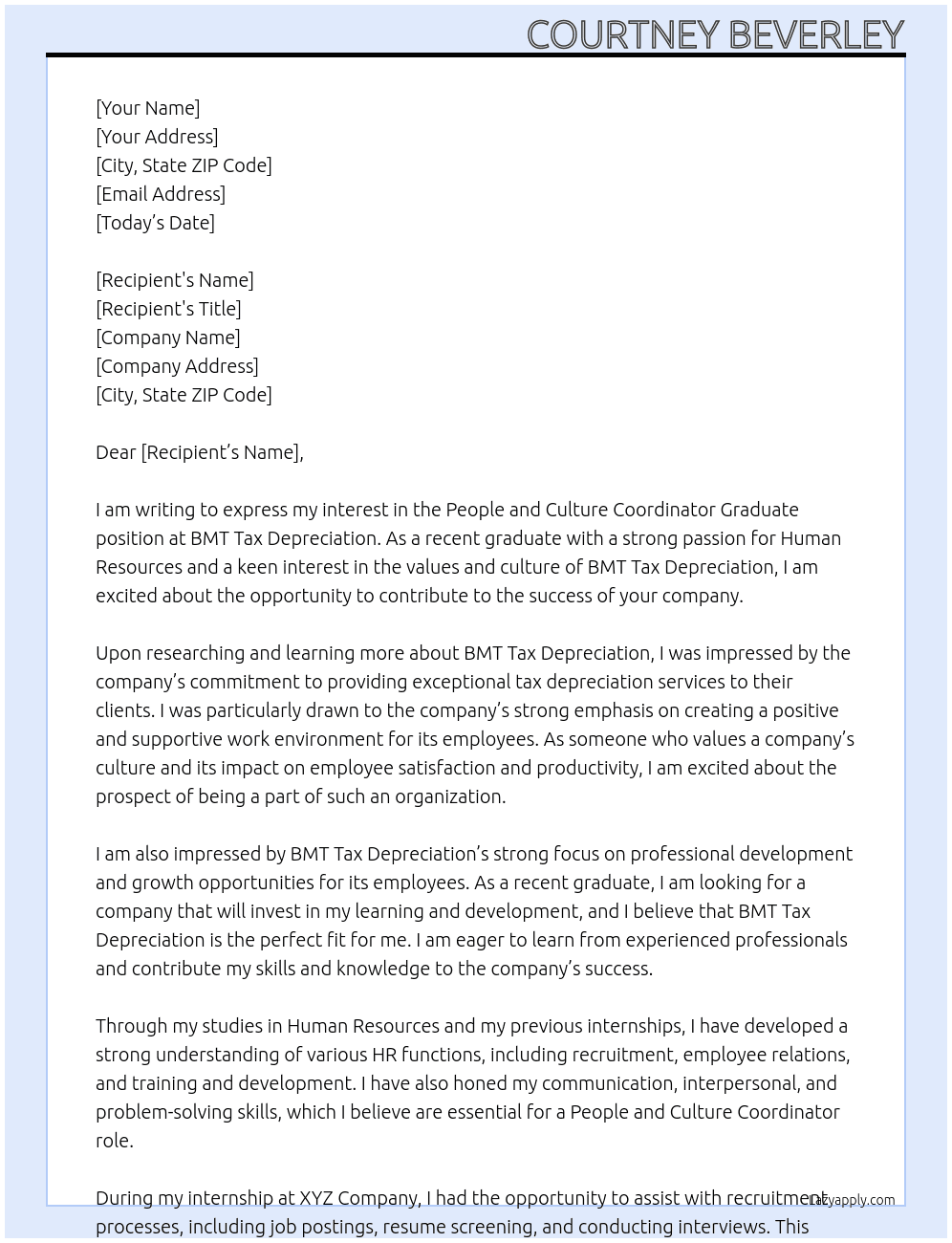 People and Culture Coordinator Graduate At BMT Tax Depreciation Cover Letter