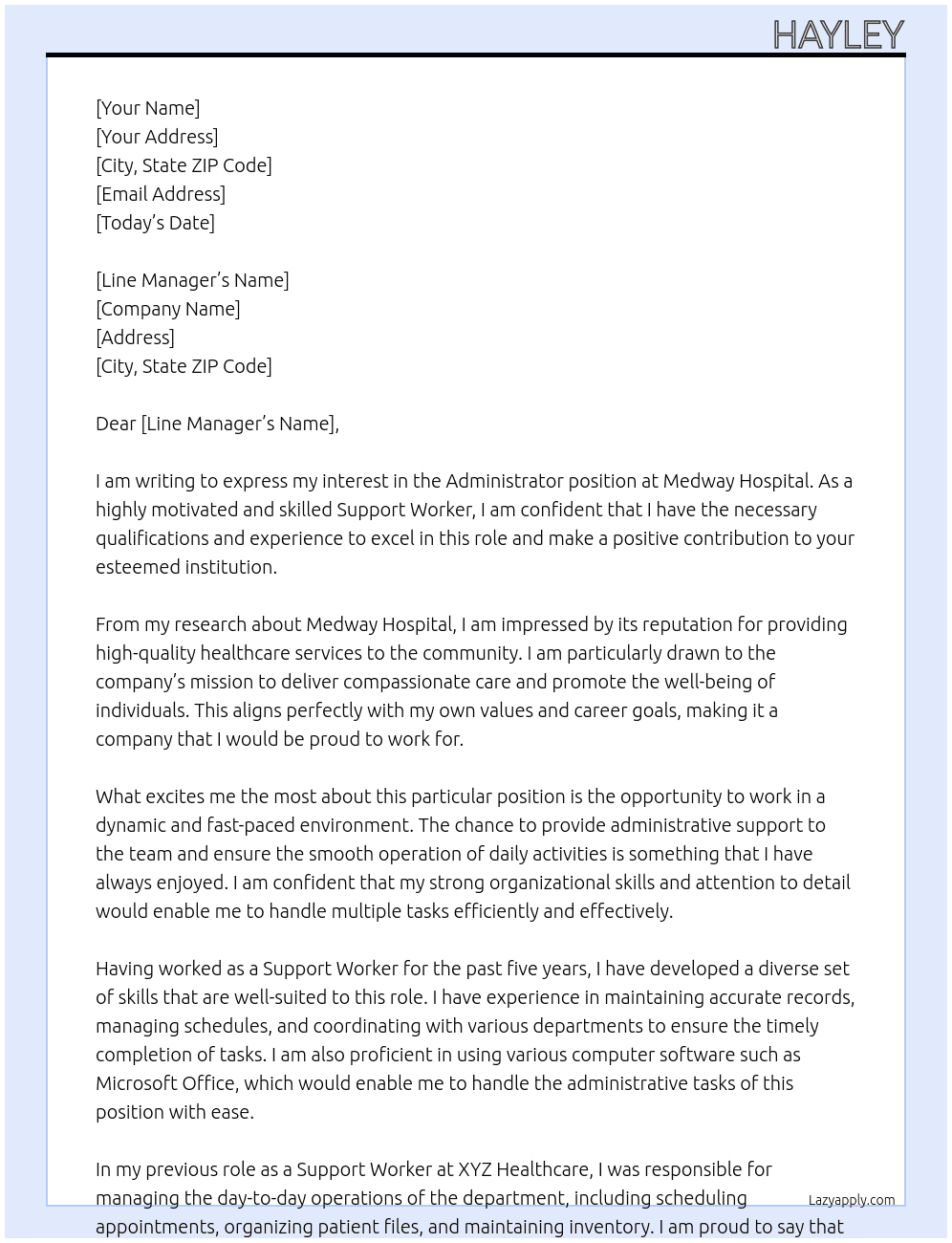 Administrator  At Medway Hospital Cover Letter
