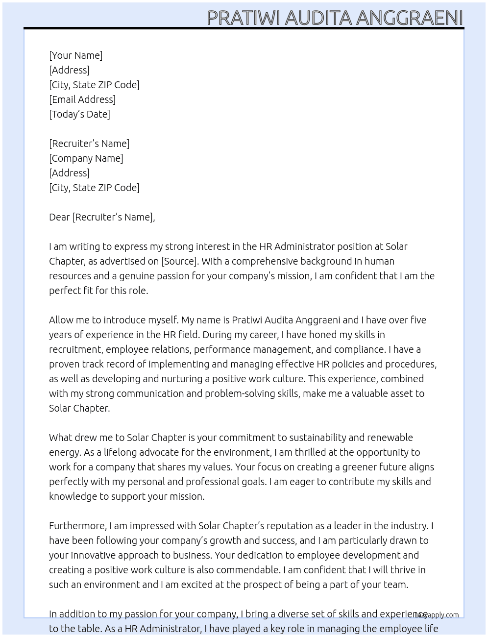 HR Administrator At Solar Chapter Cover Letter