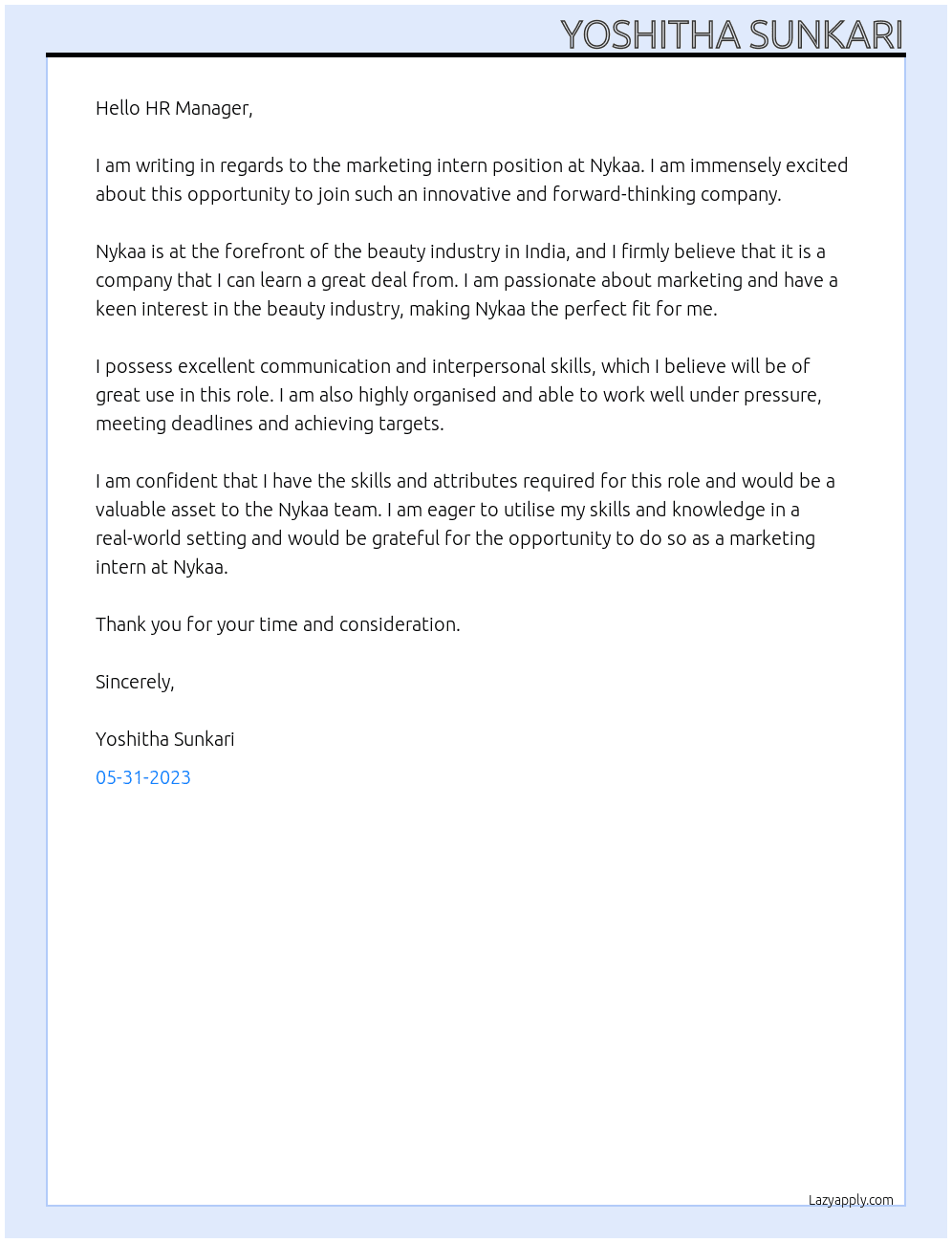 makerting intern At nykaa Cover Letter