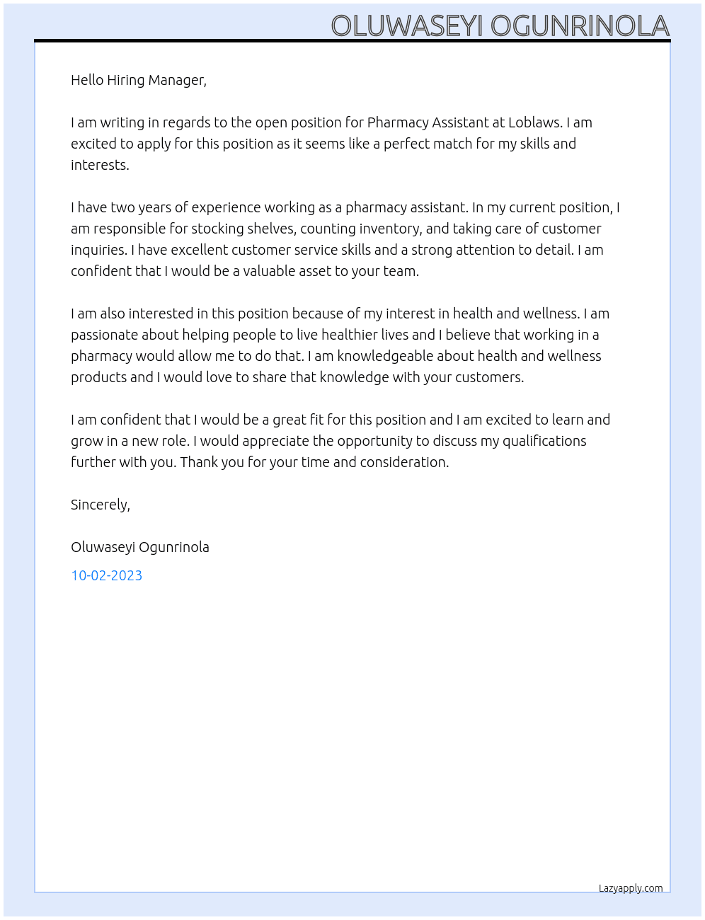Pharmacy Assistant At Loblaws Cover Letter