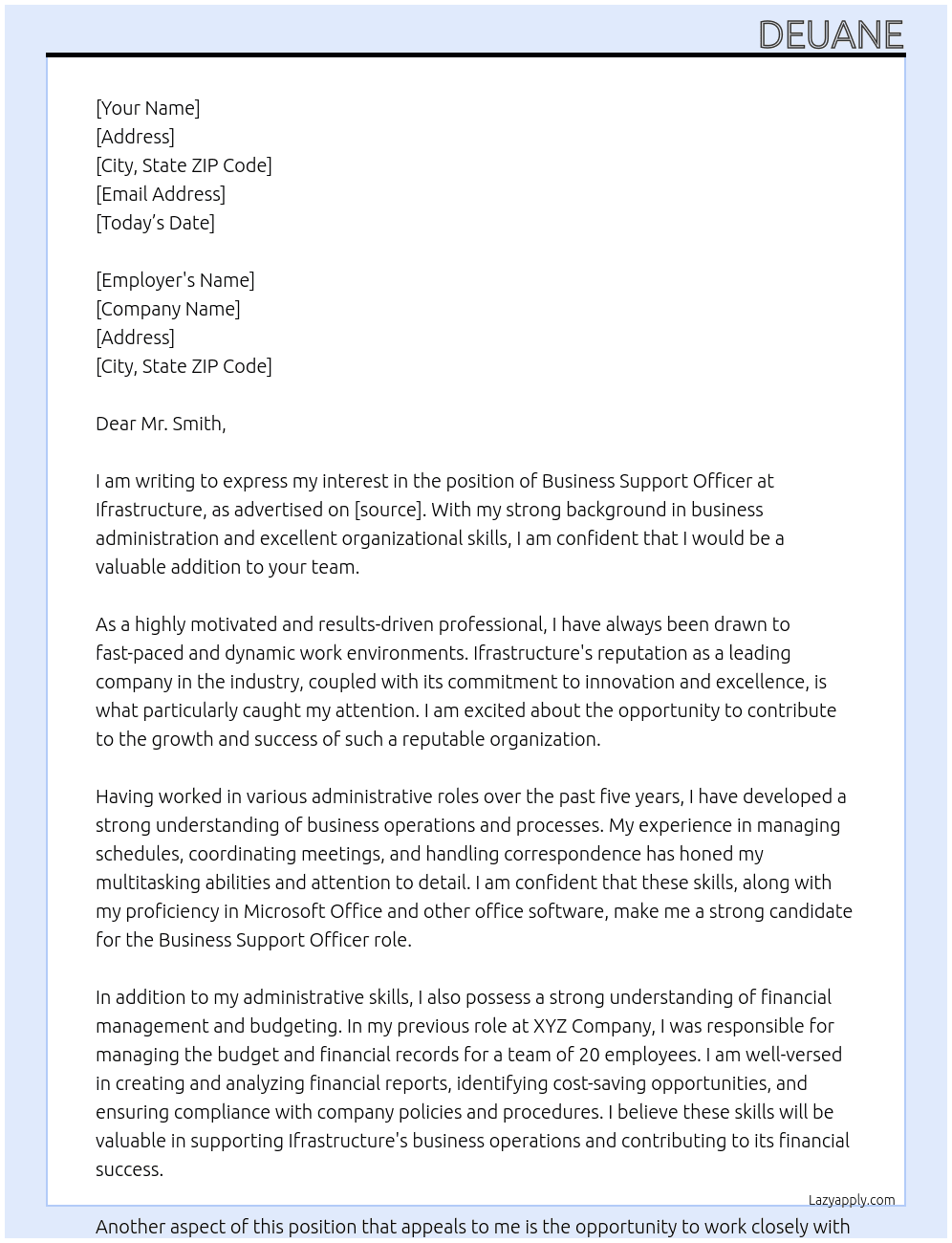 Business Support Officer At Ifrastructure Cover Letter