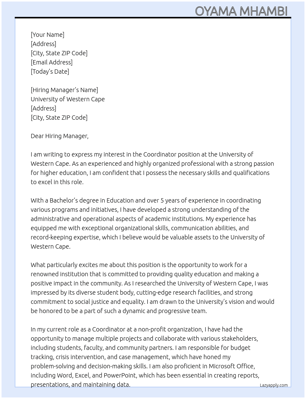 Coordinator At University of Western Cape Cover Letter