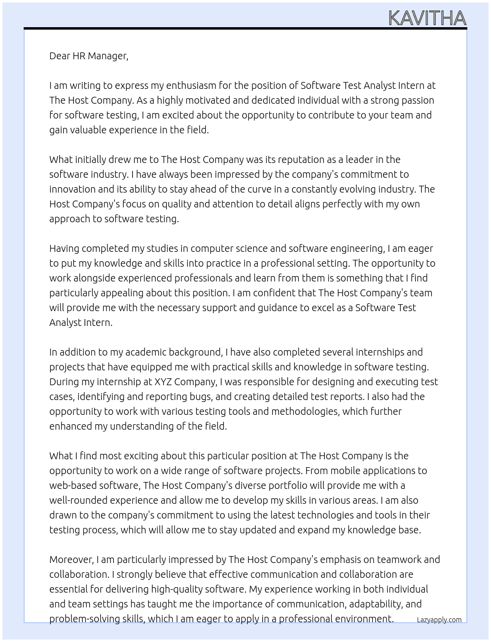 Software Test Analyst Intern At The Host Company Cover Letter