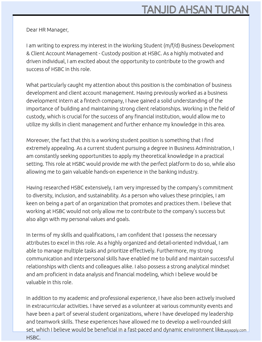 Working student (m / f / d) Business Development & Client Account Management – Custody At HSBC Cover Letter