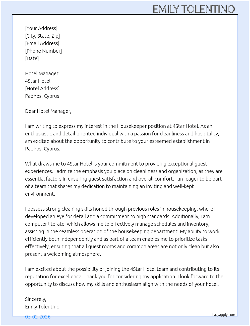 Housekeeper At 4Star hoter Cover Letter
