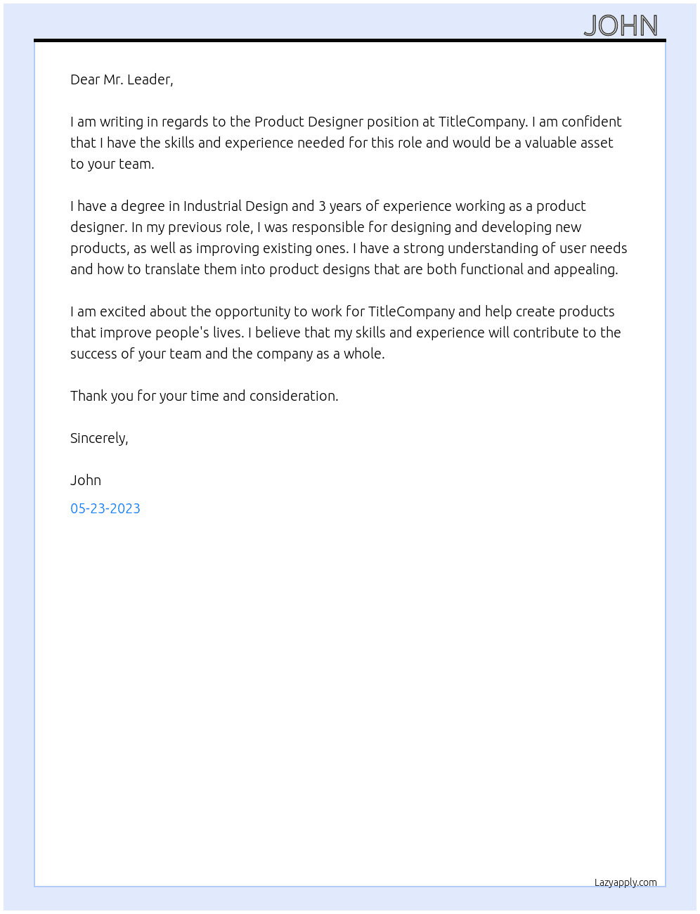 Product Designer At TitleCompany Cover Letter