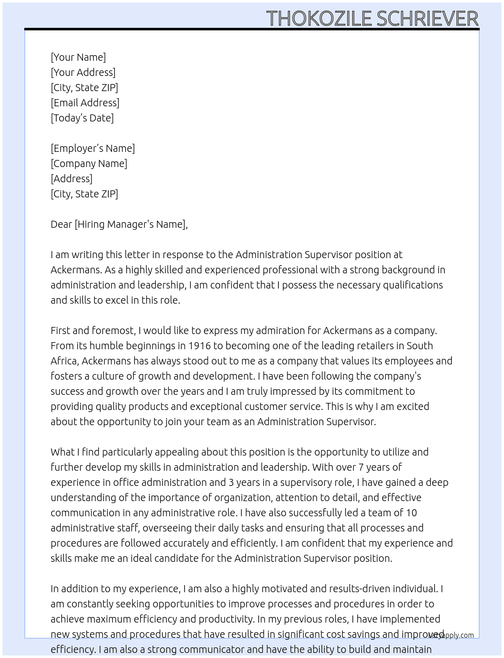 Administration Supervisor  At Ackermans  Cover Letter