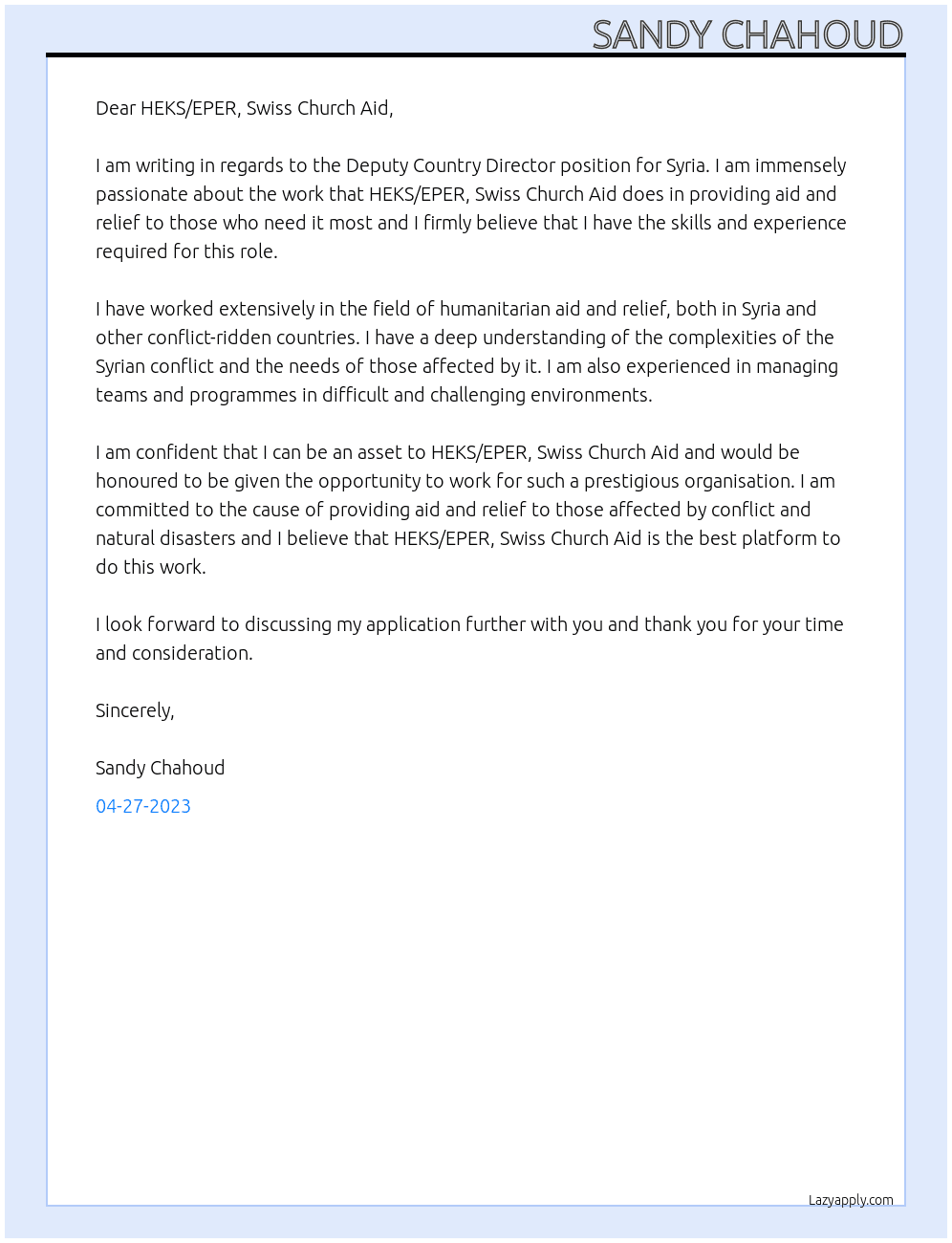 Deputy Country Director, Syria, 100% At HEKS/EPER, Swiss Church Aid Cover Letter
