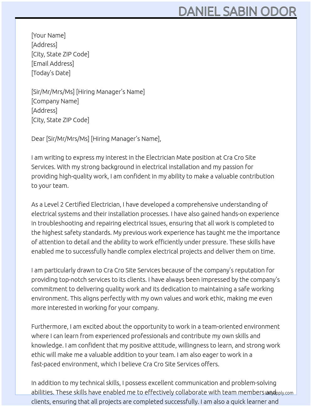 Electrician Mate At Cra Cro Site Services Cover Letter
