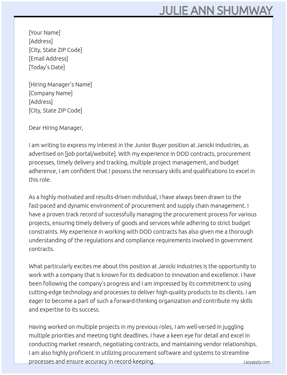 Junior Buyer At Janicki Industries Cover Letter