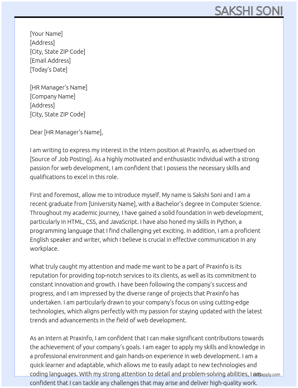 Intern  At Praxinfo Cover Letter