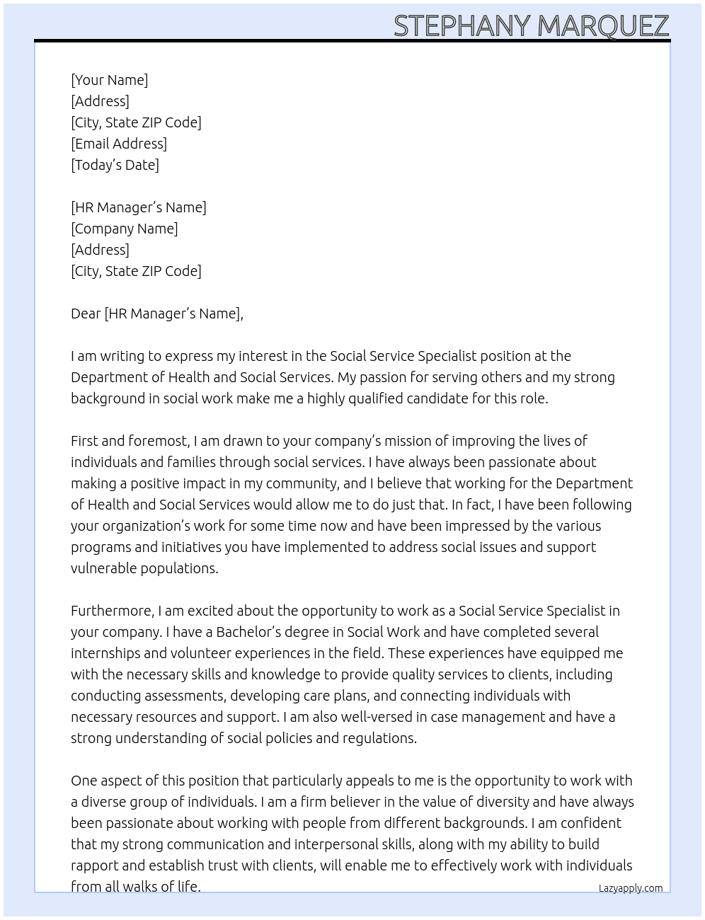 Social Service Specialist  At Department of Health and social services  Cover Letter