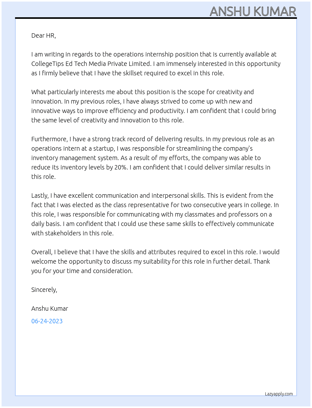Operations internship At CollegeTips Ed Tech Media Private Limited Cover Letter