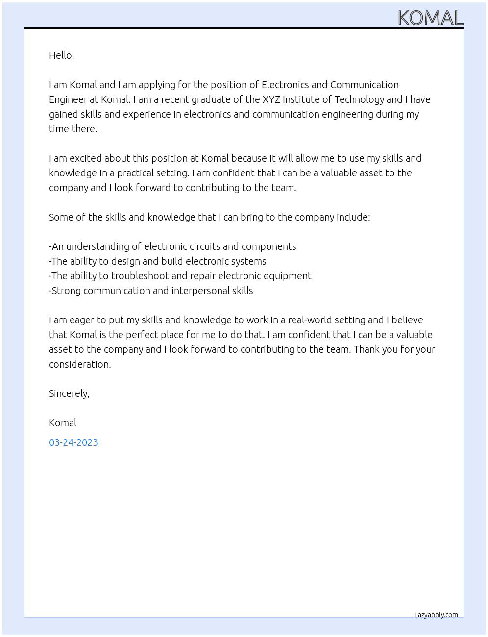 Electronics and communication engineering At Komal Cover Letter