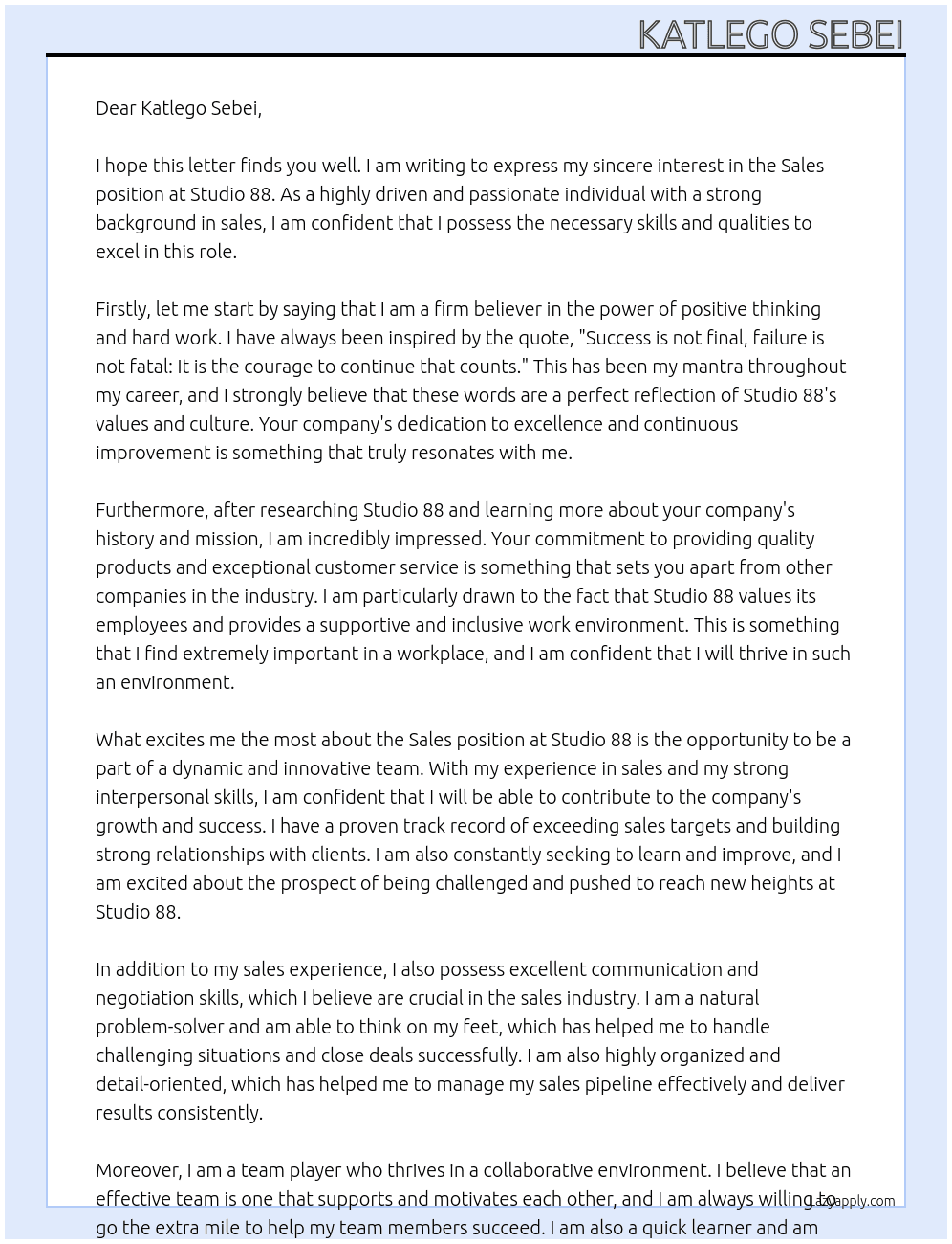 Sales position At Studio 88 Cover Letter