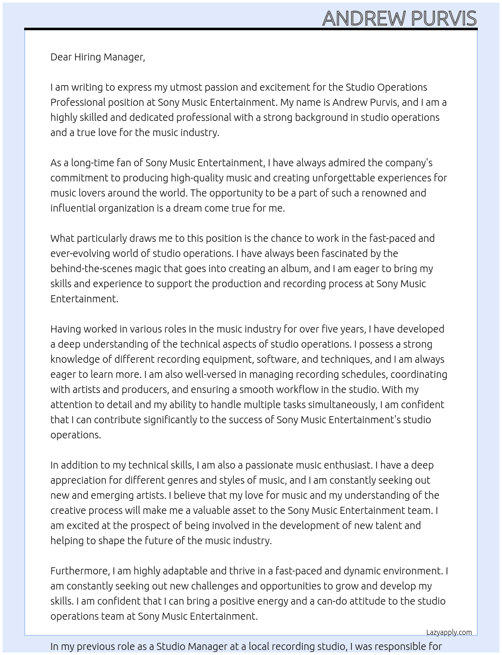 Studio Operations Professional At Sony Music Entertainment  Cover Letter