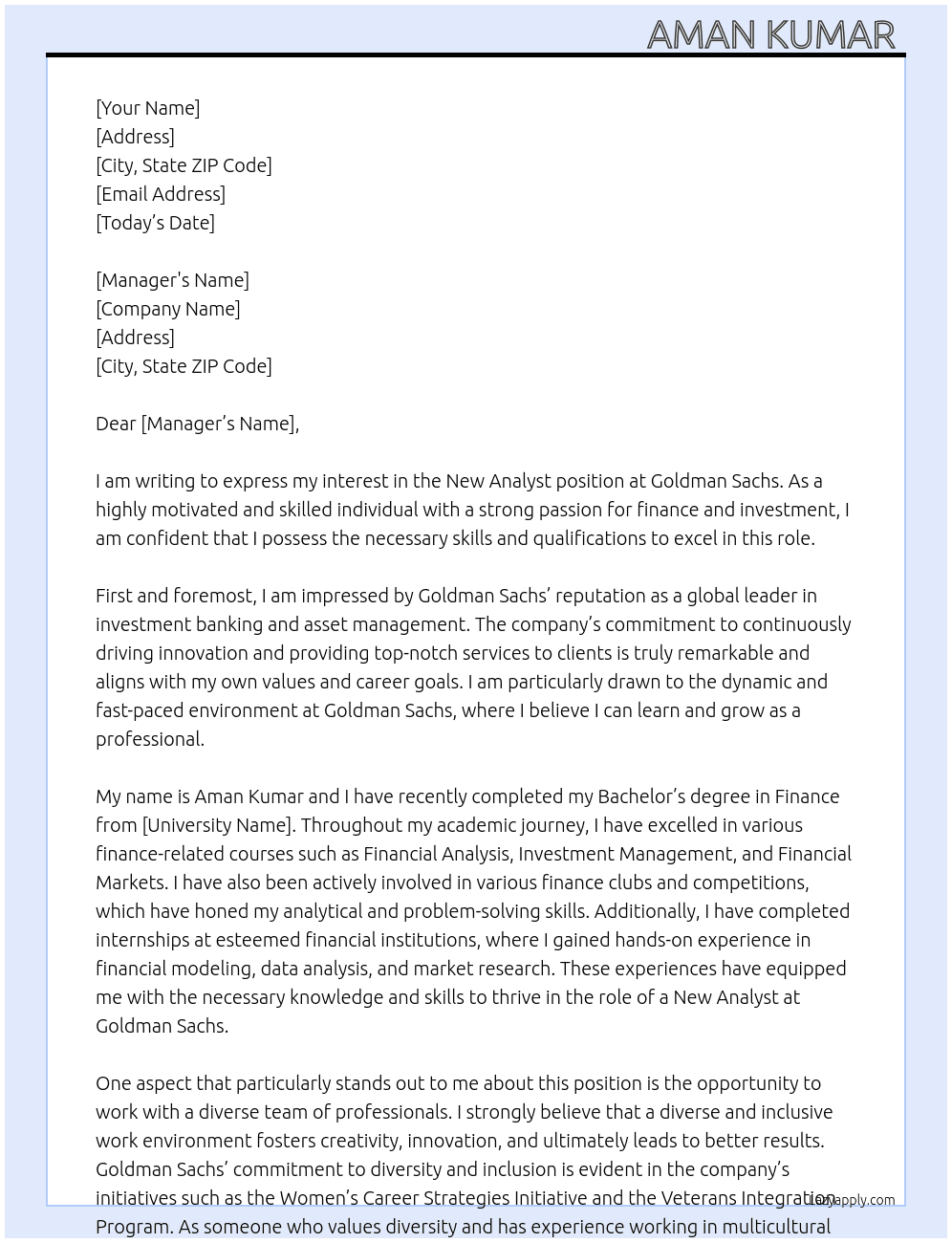 New Analyst  At Goldman Sachs  Cover Letter