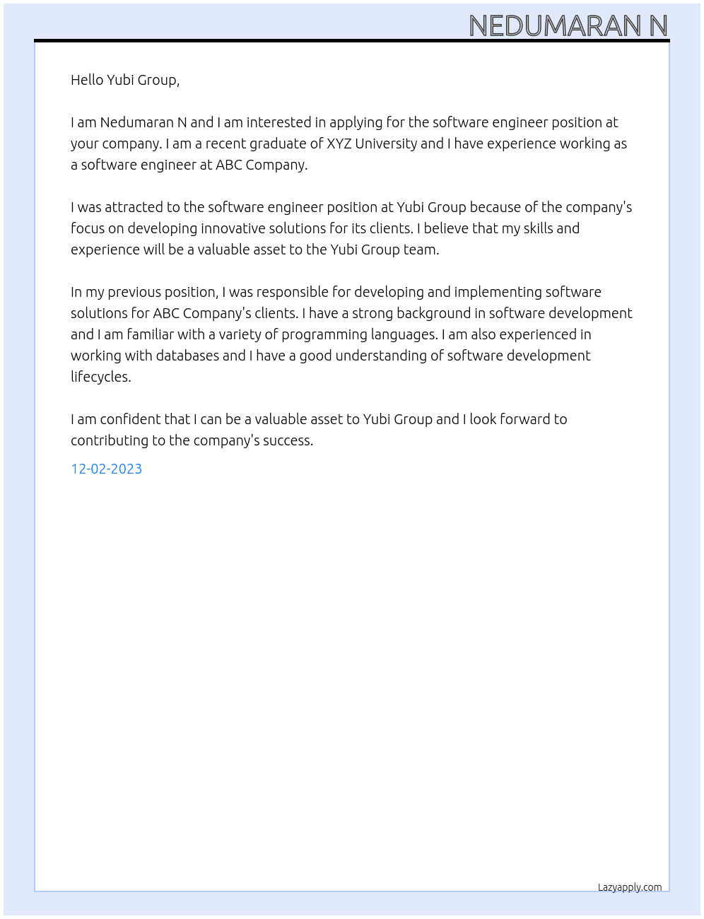 Software engineer At Yubi group Cover Letter