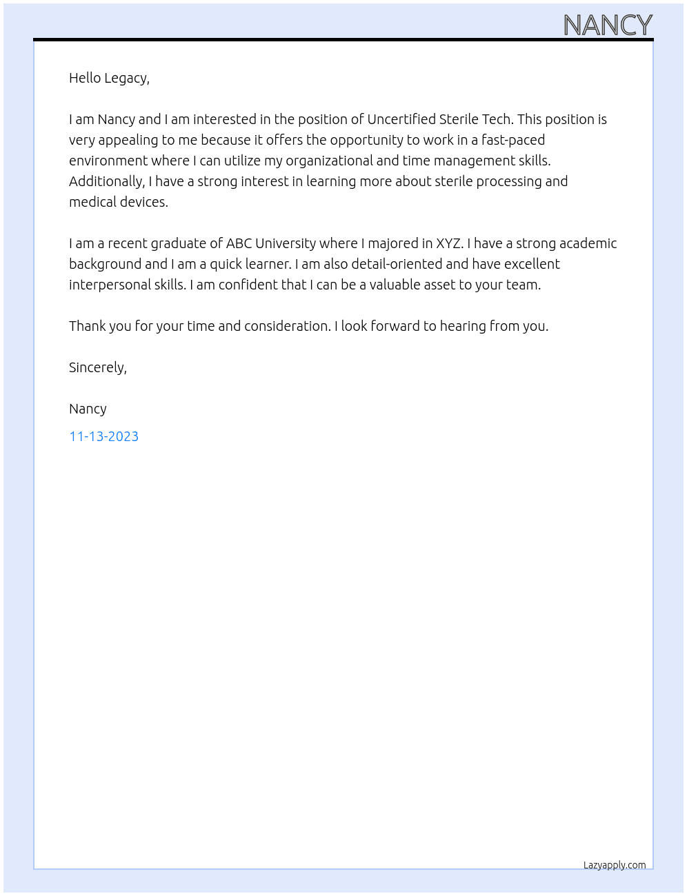 Uncertified sterile tech At Legacy Cover Letter