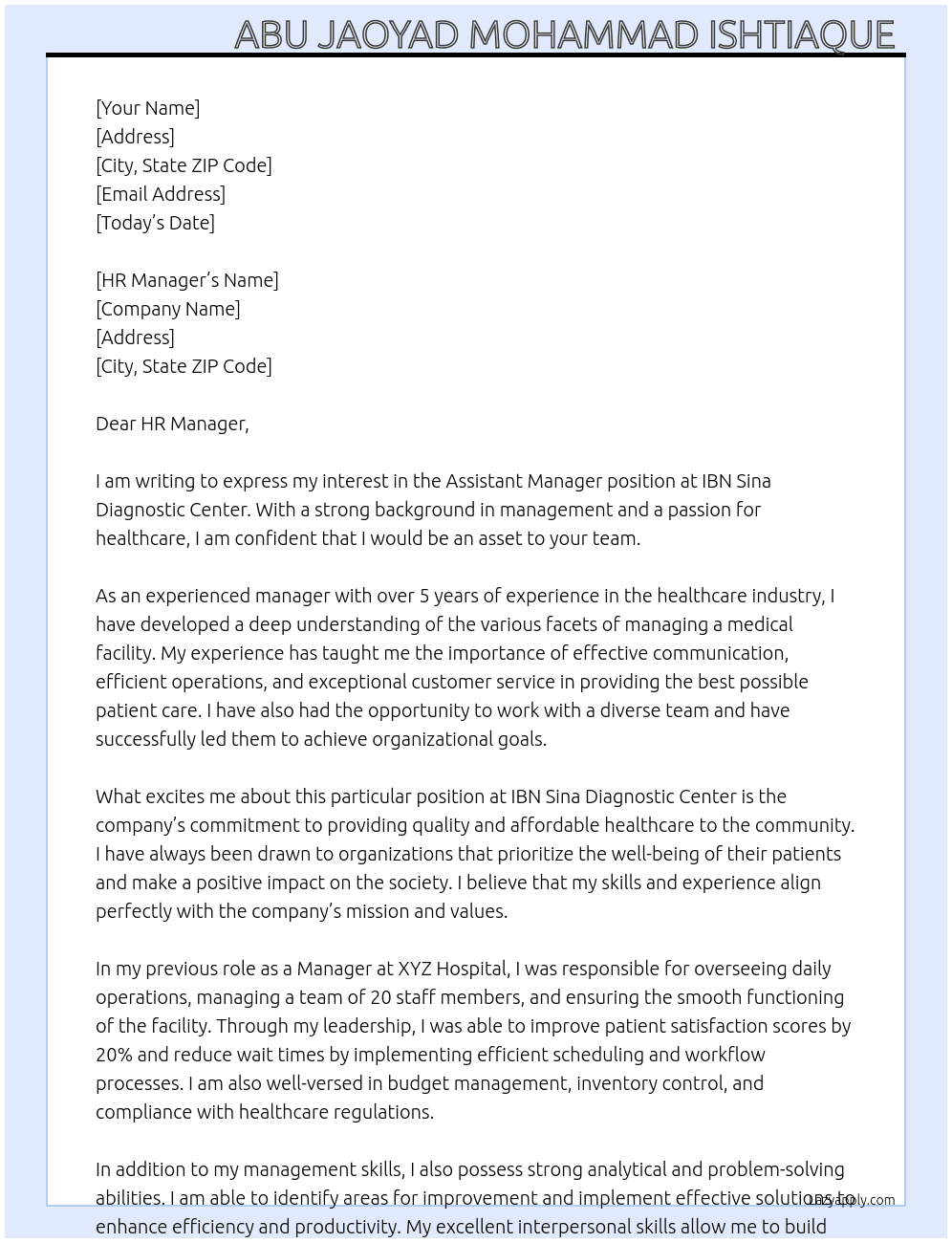 Assistant manager  At IBN Sina diagnostic Center  Cover Letter