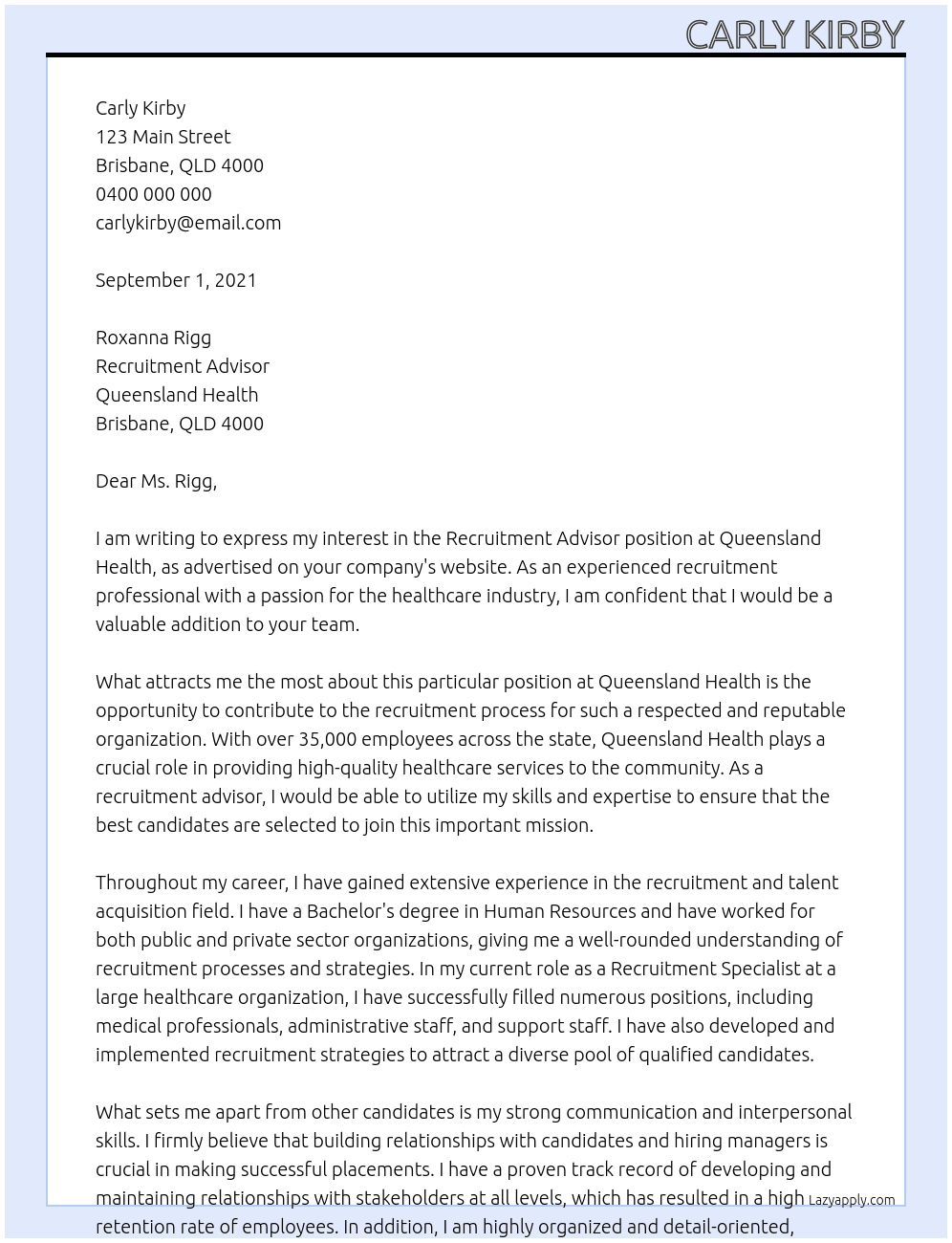 recruitment advisor At Queensland Health Cover Letter
