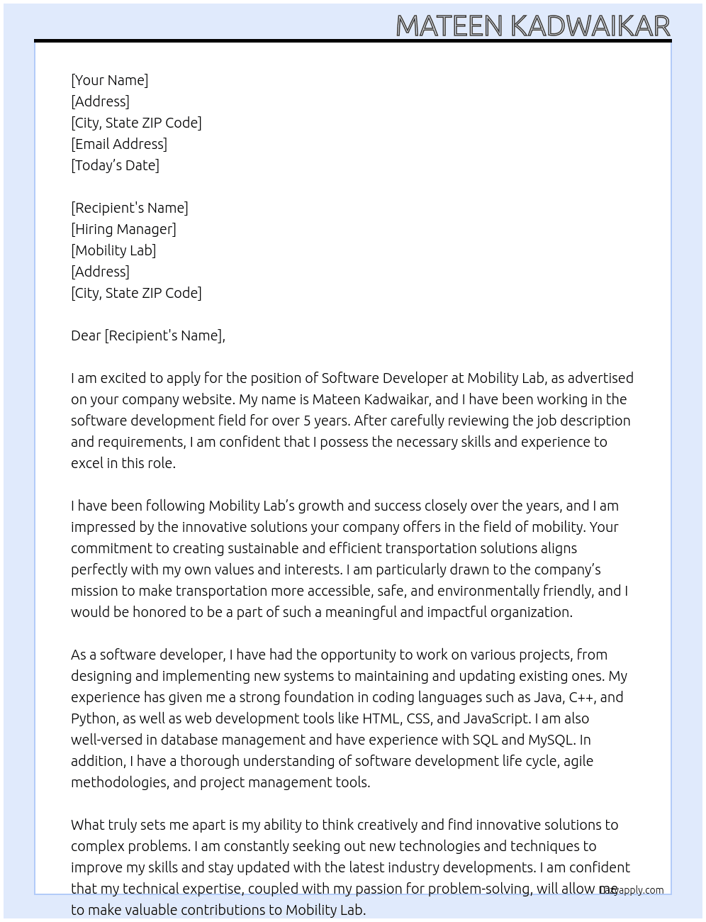Software Developer At Mobility Lab Cover Letter