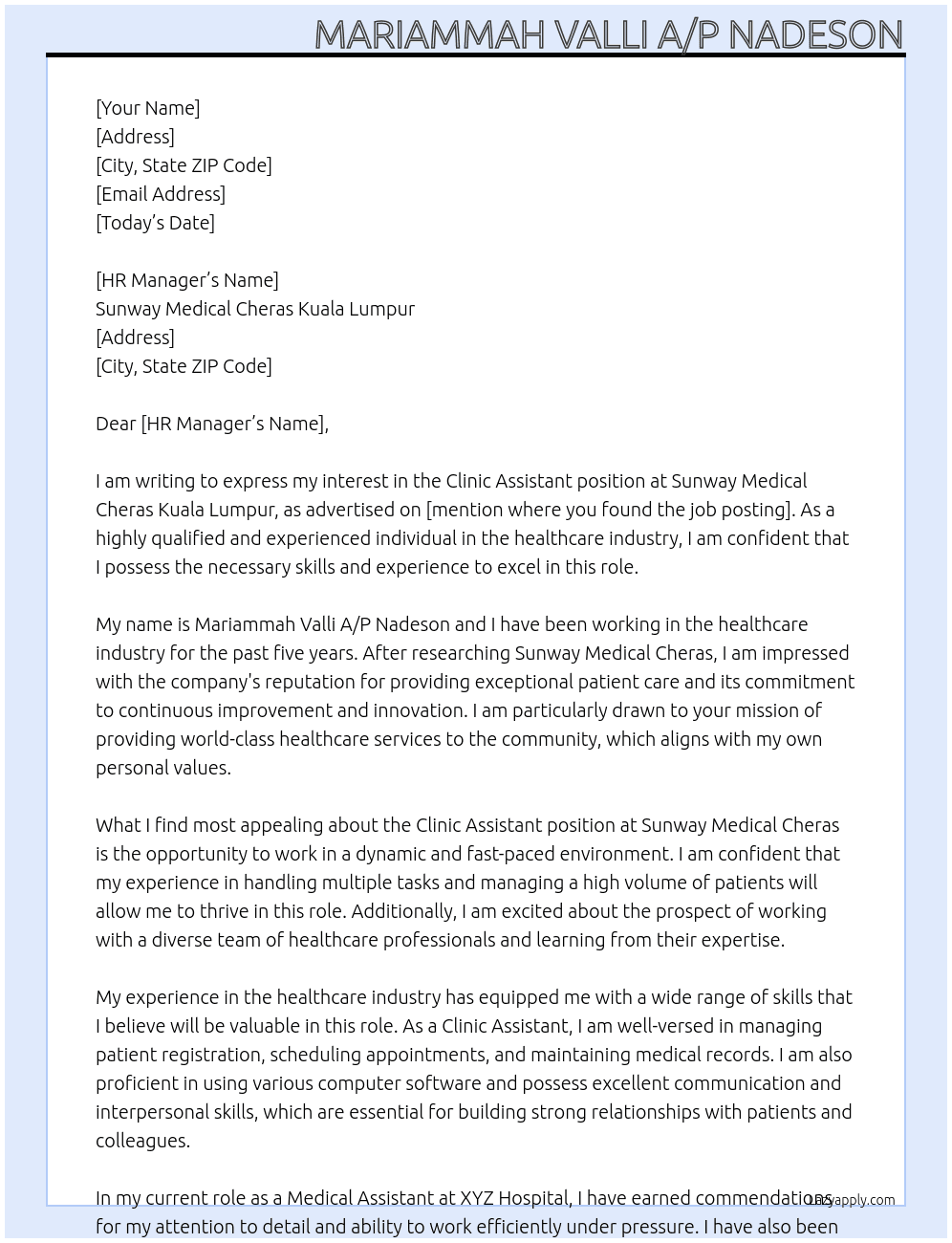clinic Assistant At Sunway Medical Cheras Kuala Lumpur  Cover Letter