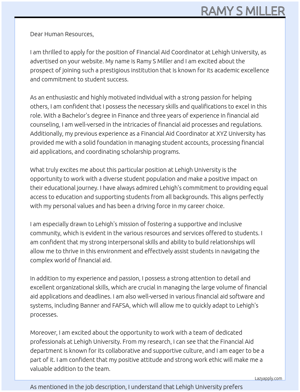 Financial Aid Coordinator At Lehigh University Cover Letter