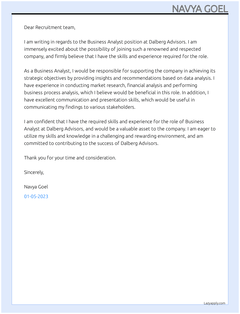 Business Analyst At Dalberg Advisors Cover Letter